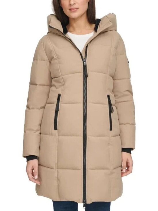 NEW Calvin Klein Women's XL Hooded Puffer Coat Tan Faux Fur Lining - Picture 1 of 15